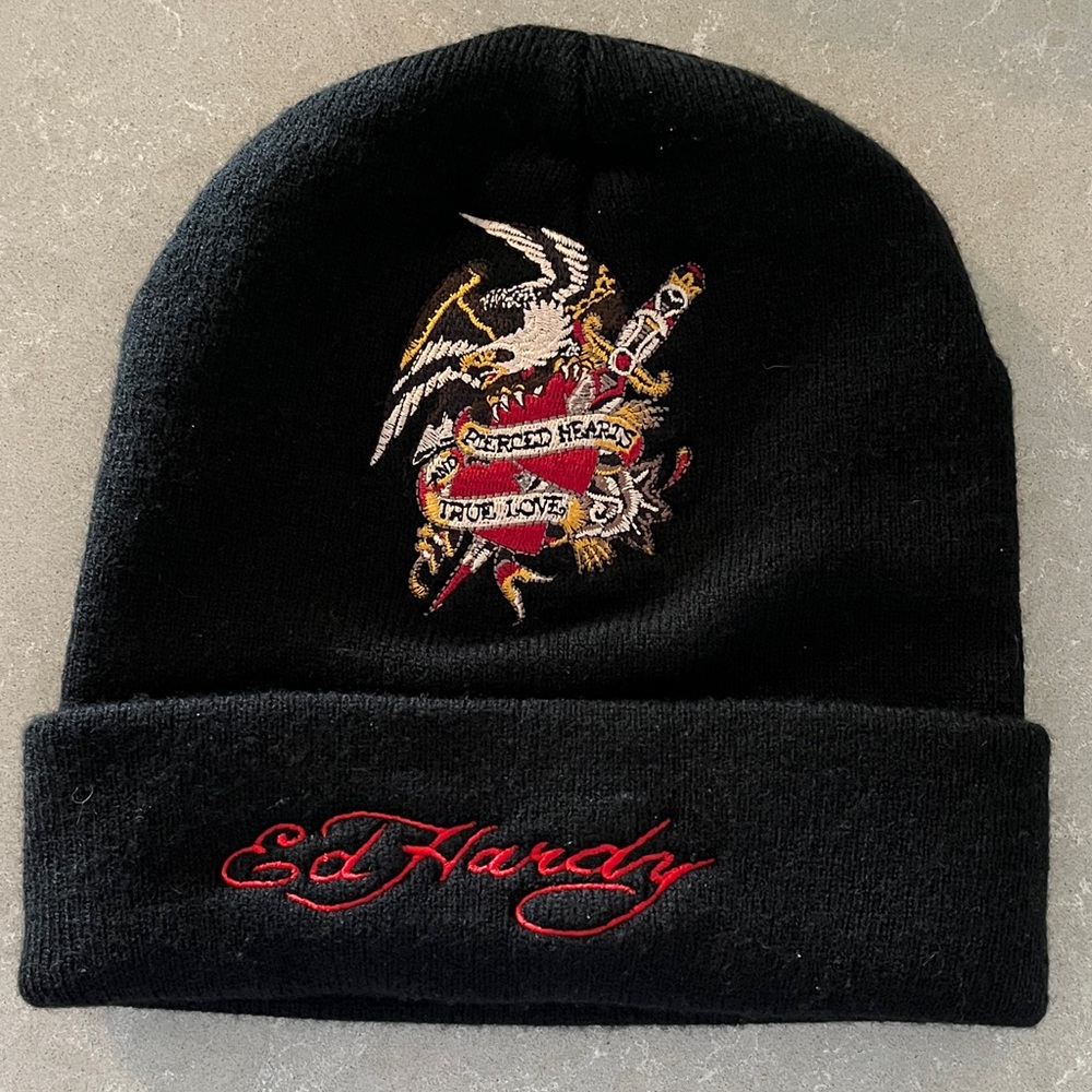 Ed Hardy Black Beanie with Colorful Embroidery